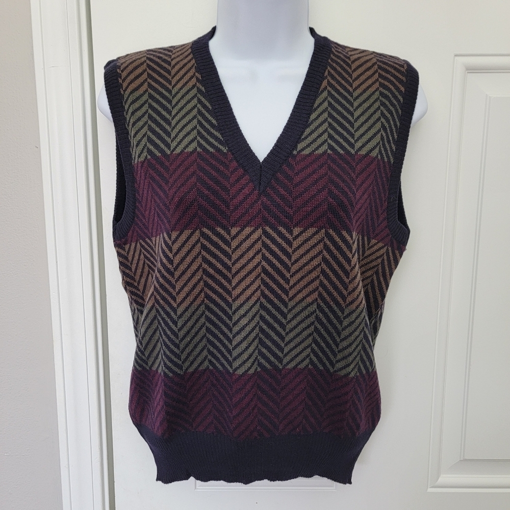 Vintage Corporate Woman 100% Wool Sweater Vest Herringbone Multi Color Sz Small